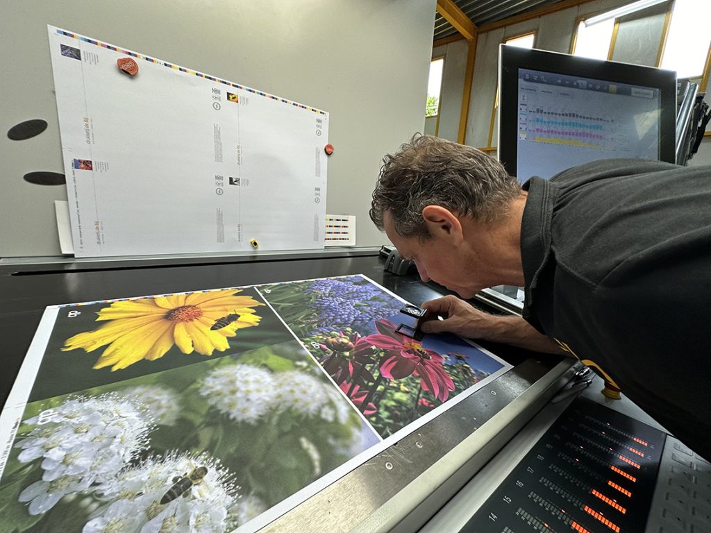 Man inspecteert bloemenfoto op drukpers.