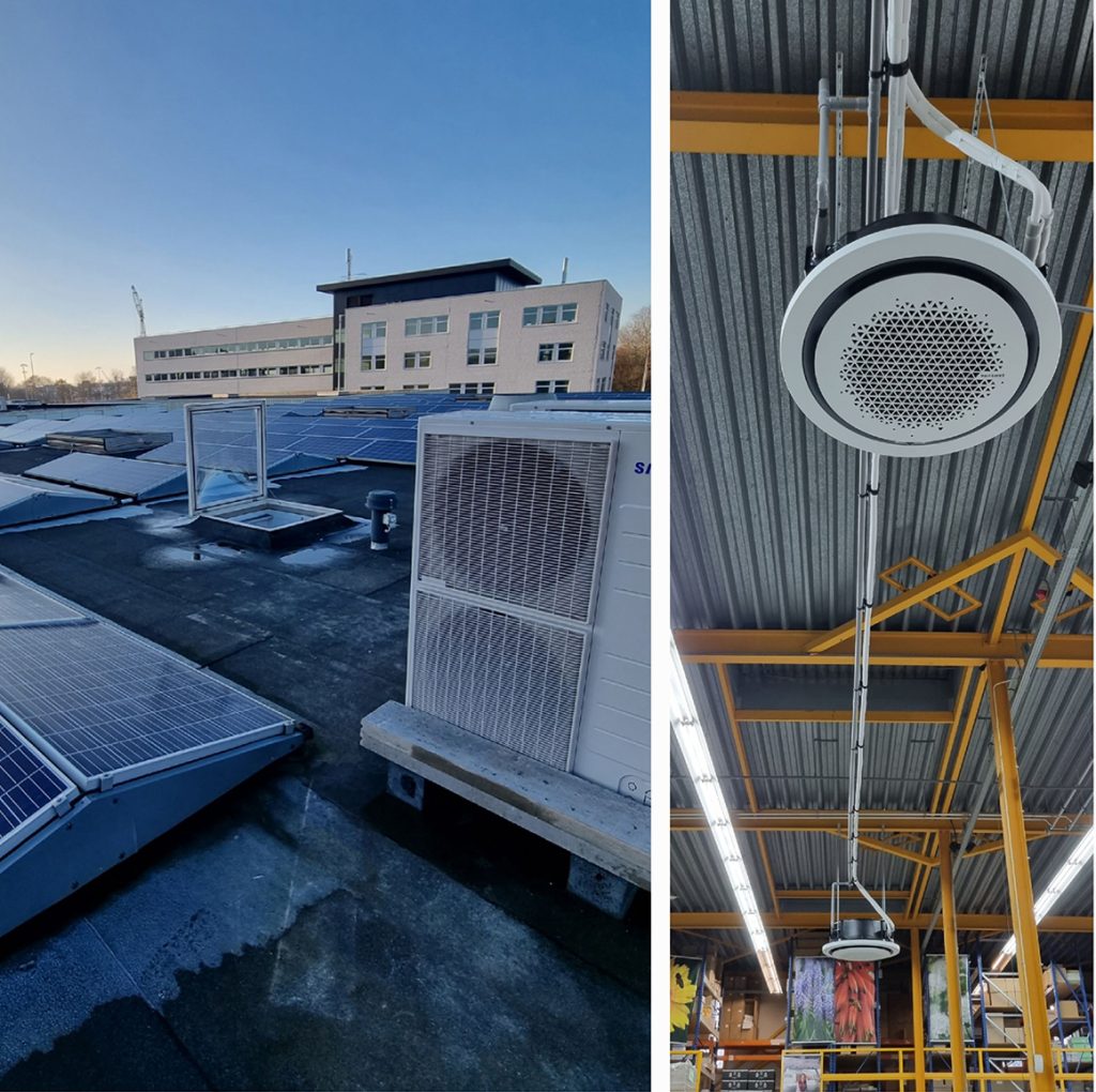 Zonnepanelen op dak, ventilator aan plafond.