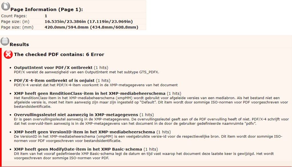 PDF-foutmelding met zes ontbrekende XMP-elementen.